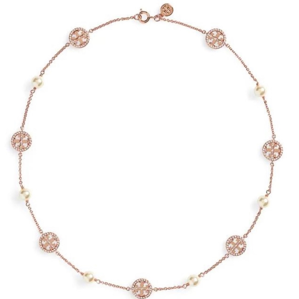 Tory Burch Gold Crystal & Imitation Pearl Necklace